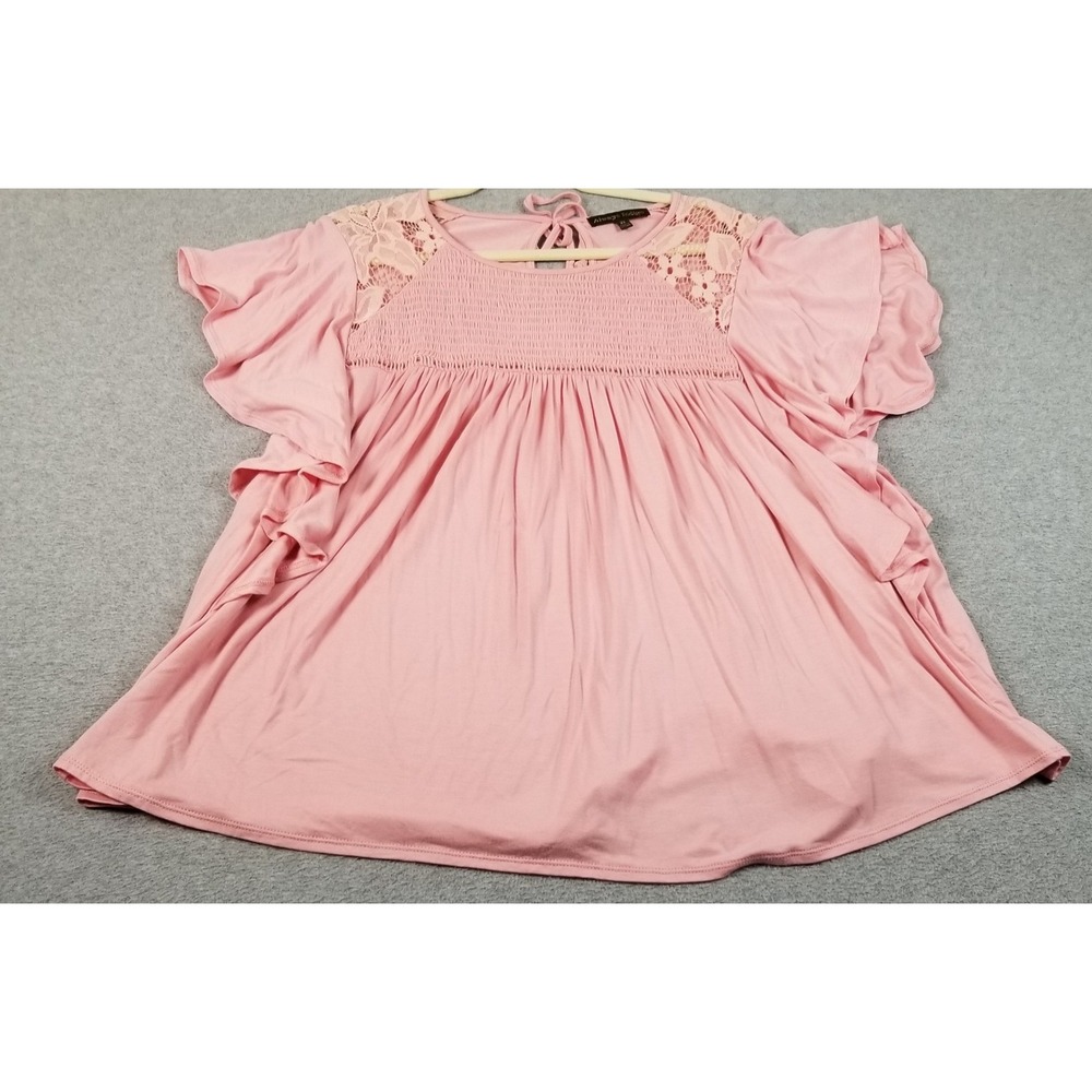 Always Indigo Blouse Women 2X Plus Pink Lace Smocked Flutter Sleeve Boho Stretch